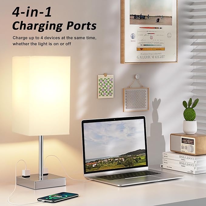 Touch Bedside Table Lamp For Nightstand - 3-Way Dimmable Night Lamp with USB A + Type C Charging Ports and two AC Outlets, Small Desk Light with E26 LED Bulb for Bedroom Living Room, WHITE PLUS - Bloomnest