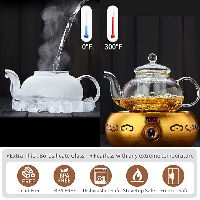 Glass Teapot with Removable Clear Infuser, 27 oz/ 800 ml Stove Top & Microwave Safe Borosilicate Glass Kettle with Loose Leaf Tea Strainer For Flower Blooming Tea - Bloomnest