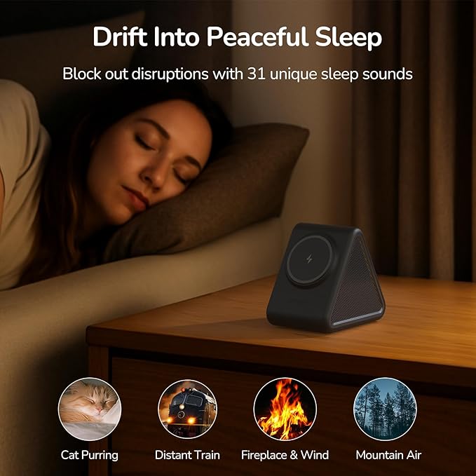 Housbay Sound Machine with Magnetic Wireless Charger for iPhone, 2-in-1 Design for Clutter-Free Nightstand, Dual-Speaker Stereo Sound for Sleeping - Black - Bloomnest