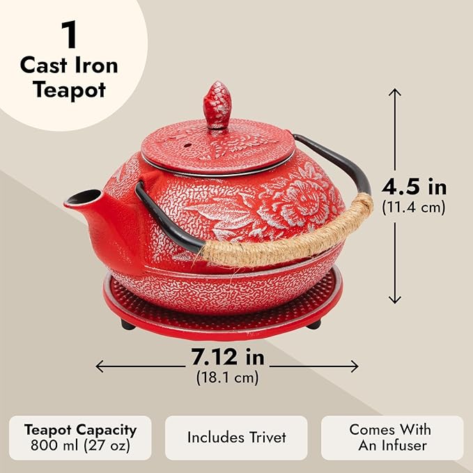 Juvale Japanese Cast Iron Teapot with Infuser - Red, 27 oz (800 ml), 3-Pc Teapot Set - Stovetop Kettle for Loose Leaf Brewing - Removable Stainless Steel Infuser & Trivet Included - Bloomnest