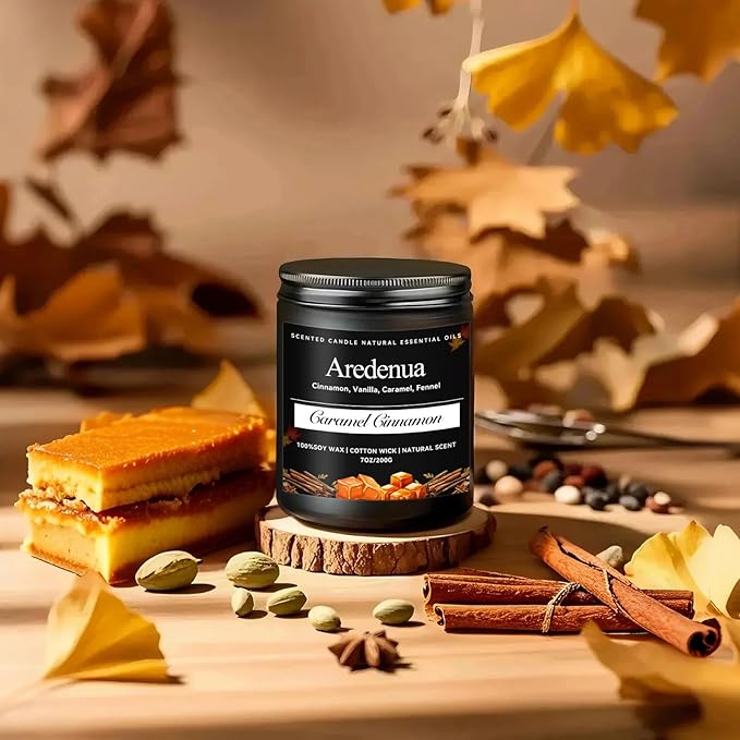 Fall Candles - Caramel Cinnamon Candle | Fall & Winter Scented Candles - Warm Cinnamon Spiced Aroma, 7 oz Soy Candle for Home Scented, Cozy Seasonal Holiday Gift for Women & Men - Bloomnest