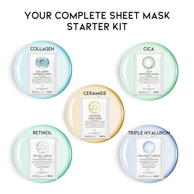 Hydrating Sheet Mask Starter Kit Variety Pack for Skin Care, Dry, Ance, Sensitive Skin, Korean Vegan Facial Sheet Mask for Men & Women, Collagen, Cica, Ceramide, Hyaluron, Retinol 5EA - Bloomnest