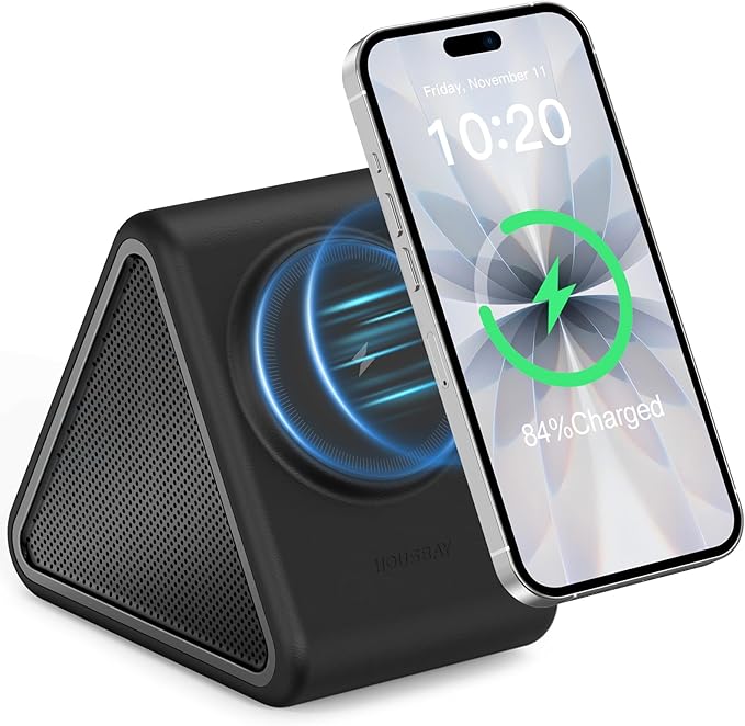 Housbay Sound Machine with Magnetic Wireless Charger for iPhone, 2-in-1 Design for Clutter-Free Nightstand, Dual-Speaker Stereo Sound for Sleeping - Black - Bloomnest