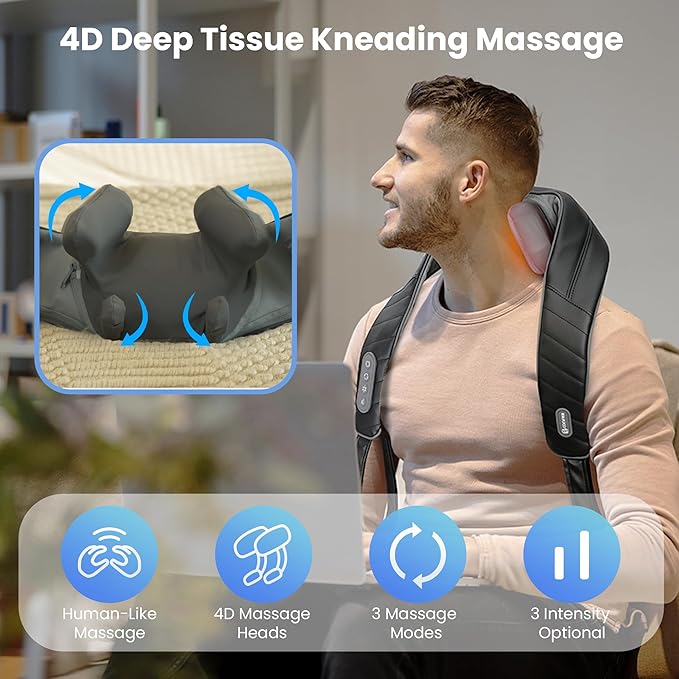 COMFIER Cordless Neck Shoulder Massager with Heat, Shiatsu Neck Back Massage for Pain Deep Tissue, 4D Kneading, Gifts for Dad Mom - Bloomnest