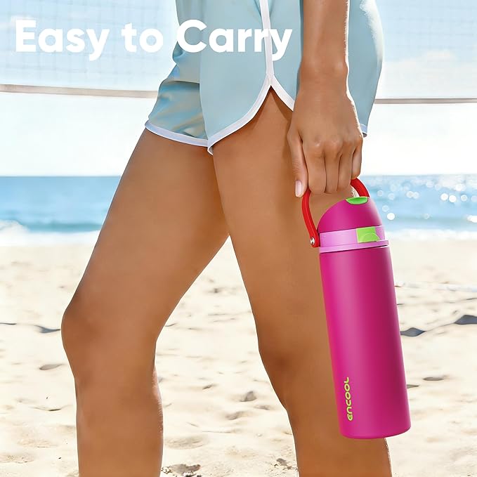 Insulated Water Bottle with Straw - Encool Stainless Steel Water Bottle with Push Button Lid, Leak-Proof & BPA-Free, Keeps Cold for 24 Hours for Sports, Travel, Gym (32 oz, Cerise Pink) ENCOOL