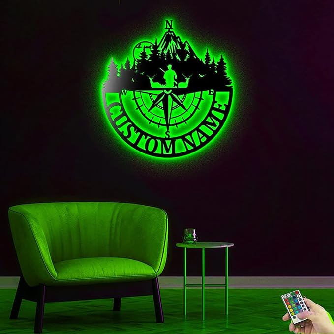 Lovely POD Personalized Hunting Metal sign, Hunting Art, Custom Deer Hunter Compass Metal Wall Art Led Light, Personalized Hunter Name Sign Decoration For Home, Deer Hunting Home Decor - Bloomnest