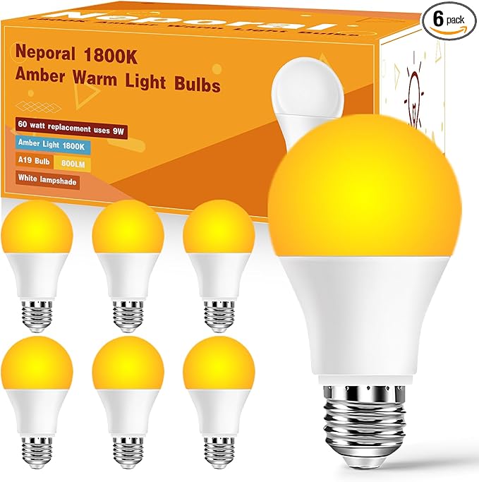 Neporal Amber Light Bulbs 9W, Soft Warm Sleep Light Bulbs 60W Equivalent, Blue Light Blocking Amber Night Light Bulbs 1800K, Bedtime Light Bulb for Healthy Sleep, 6 Pack - Bloomnest