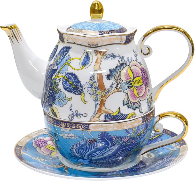 ACMLIFE Tea for One Teapot and Cup, Vintage Floral Porcelain Tea Set for One, Bone China Teapot with Cup Set, Tea Pot Gift for Women (Blue-A) - Bloomnest