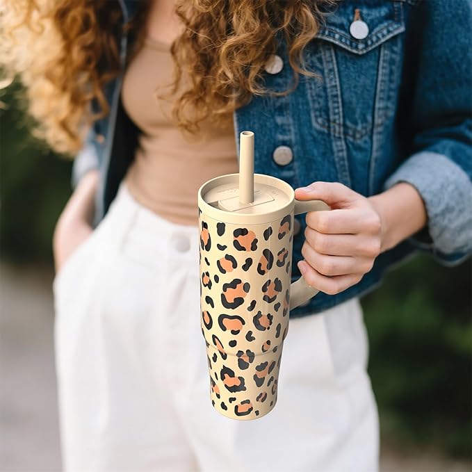 TILUCK 30 oz Tumbler with Handle, Vacuum Insulated Stainless Steel Travel Mug with 100% Leak-Proof Silicone Straw Lid, Cupholder Friendly Water Bottle(Leopard, 30oz)