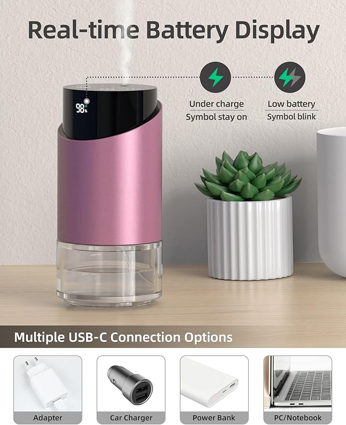 Waterless Essential Oil Diffuser Aromatherapy Scent Diffusers for Home Large Room, Car, Office, Desk, Mini Battery Operated Cordless Air Freshener, 4 Timers & 3 Mist Levels, 100ml Capacity (Pink) - Bloomnest
