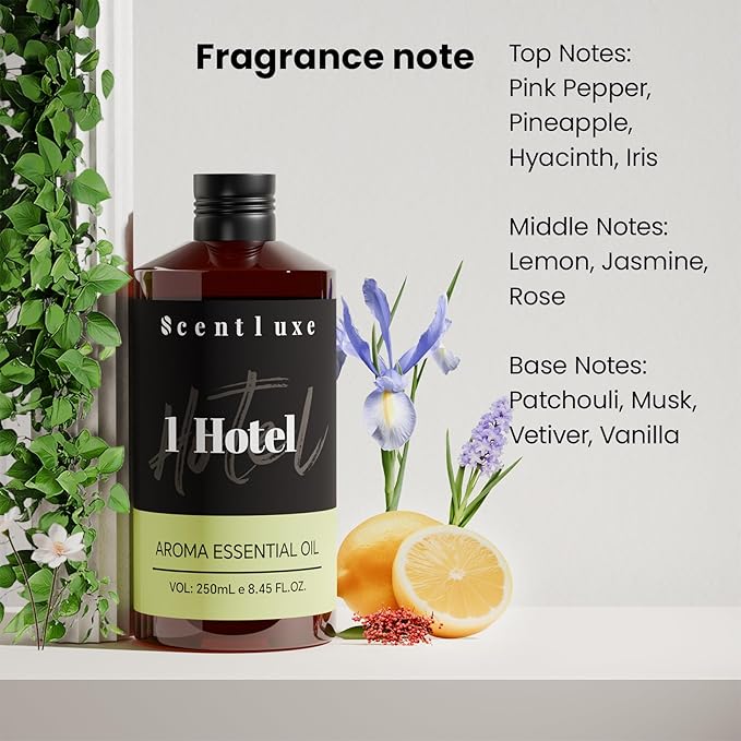 Hotel Diffuser Oil & Aroma Essential Oil Blend Luxury 1 Hotel Inspired Aromatherapy with Jasmine, Pink Pepper, Pineapple, Cedar & Amber for Ultrasonic Diffusers & Nebulizers - 8.45 fl oz, 250 mL - Bloomnest