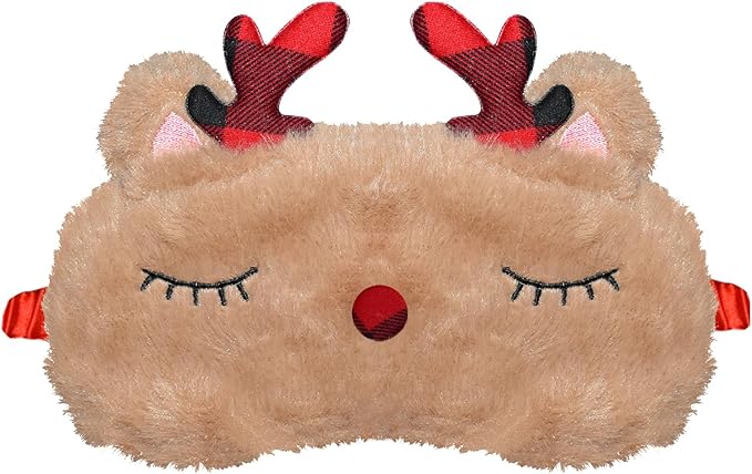 Cute Animal Sleeping Mask Sleep Mask, Xmas Reindeer Soft Plush Eye Mask for Travel Nap Funny Rudolph Blindfold Eye Cover Eyeshade for Adult Kids Girls Teens Men Women - Reindeer, Red & Brown - Bloomnest