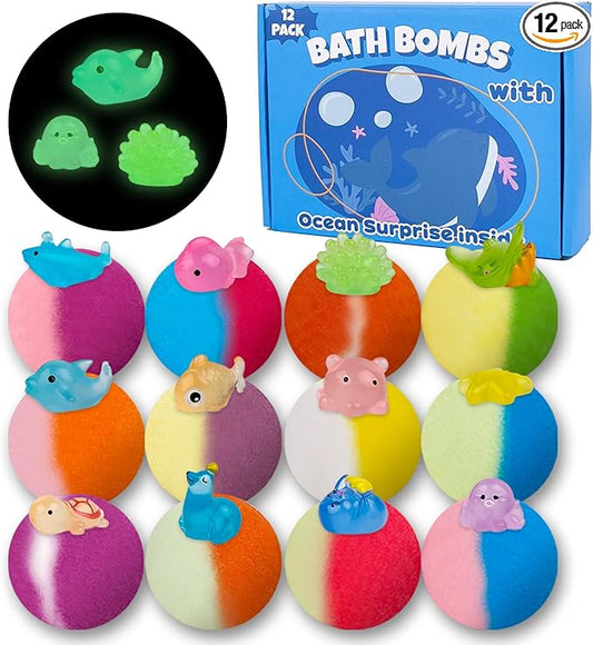 Bath Bombs for Kids, 12 Pcs Bath Bombs with Glow in The Dark Ocean Surprise Inside, Handmade Organic Bubble Bath Ball Gift Set for Boys and Girls, Gift for Birthday Christmas Easter - Bloomnest