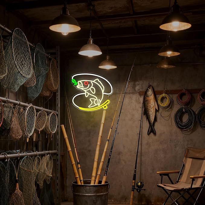 Fishing Neon Sign, Dimmable Fish LED Neon Lights for Wall Decor, USB Powered Fishing Hook Neon Lights for Man Cave, Cabin, Living Room, Fishermen Gifts (14.6 x 13.3 in) - Bloomnest