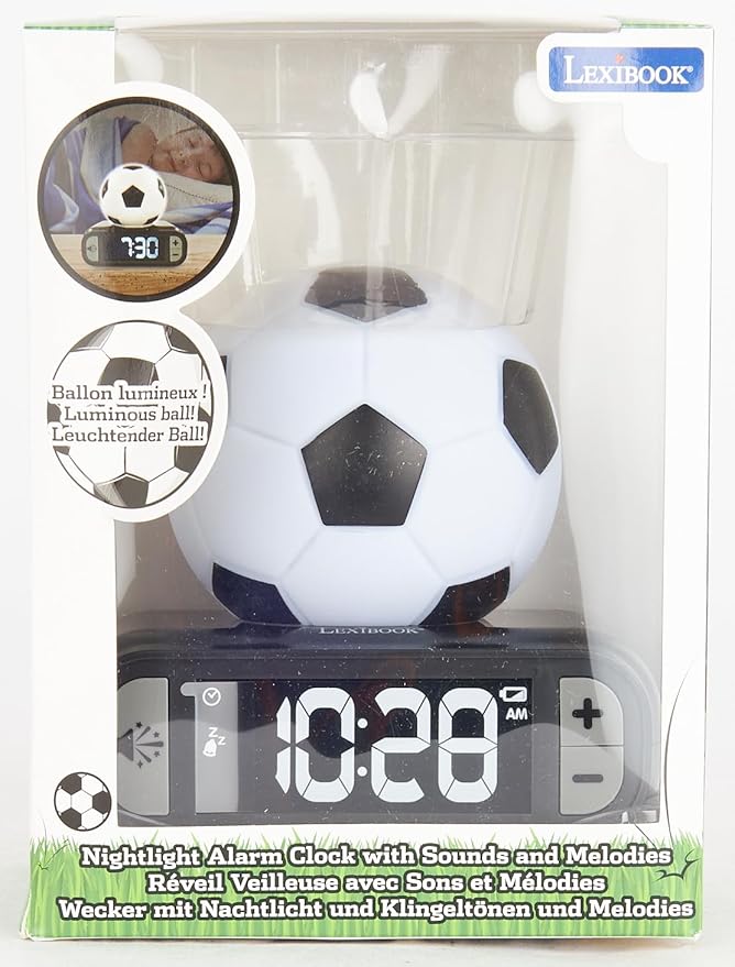 LEXiBOOK - Soccer Ball Digital Alarm Clock with Night Light Snooze, Clock, Luminous Soccer Ball, Black Colour - RL800FO - Bloomnest