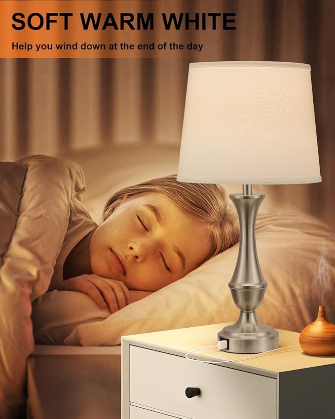 Seealle Upgraded Touch Lamps for Night Stands Set of 2 - Bedside Lamps with USB C+A, 3 Way Dimmable for Bedroom Living Room End Tables Office (White&Nickel) - Bloomnest