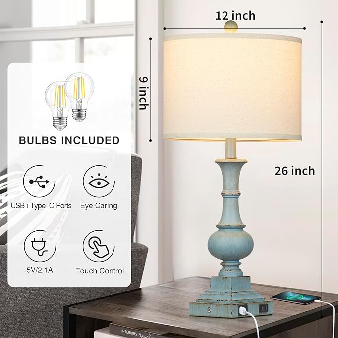 Farmhouse Table Lamps Set of 2, Rustic Touch Control Bedside Lamps with 2 USB Ports & AC Outlet, Vintage Resin 3-Way Dimmable Nightstand Lamp Linen Fabric Shade for Living Room Bedroom Decor Blue - Bloomnest