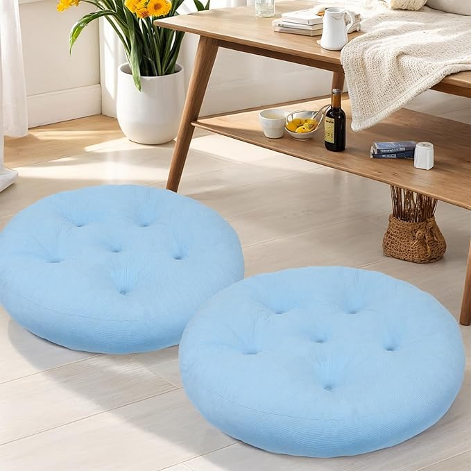 Meditation Floor Pillow Set of 2, Round Large Pillows Seating for Adults, Tufted Corduroy Cushion for Tatami Living Room, 22x22 Inch FP-Lblue-R