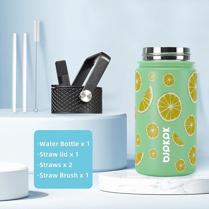 BJPKPK Water Bottle with Straw Lid, 15 oz Insulated Water Bottle, Stainless Steel Metal Water Bottles, Reusable Leak Proof BPA Free Thermo, Flask, Cups, Elegant Lemon - Bloomnest