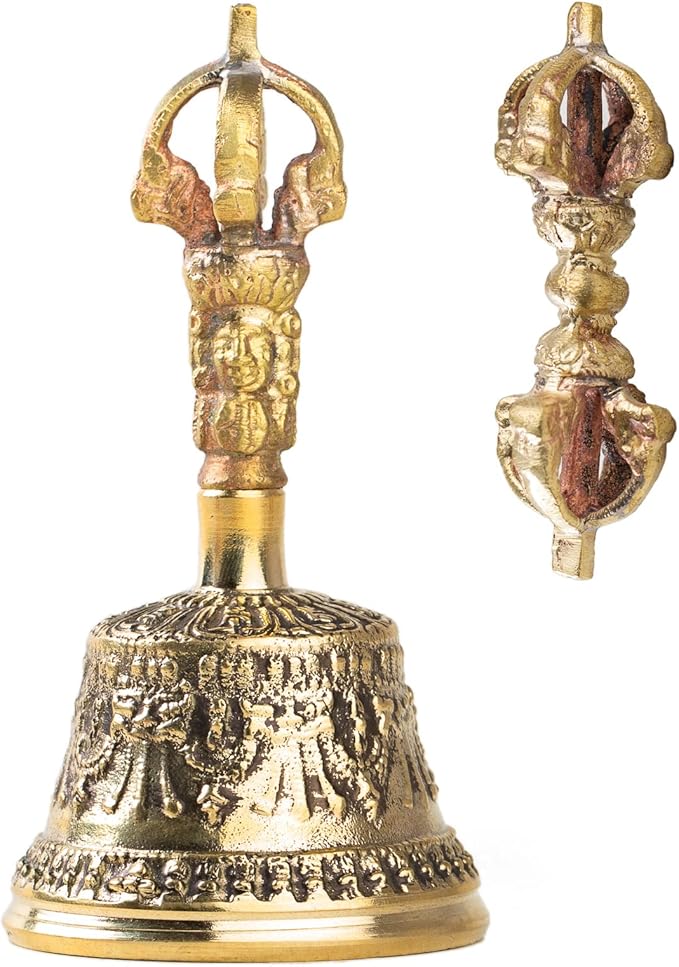 Mini Tibetan Bell Bajra Set - Dharma Object Alter Pray Singing Bowl Hand Bell Handmade Buddhist Meditation Bell by Himalayan Bazaar (4-Inch) HimalayanBazaar