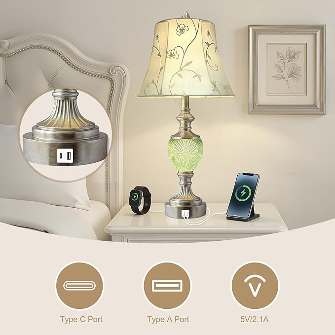 Bedside Table Lamp Set of 2 with Nightlight and USB A+C Ports, 27'' High Vintage Table Lamps with Silver Leaf Finish and Embroidered Shade, Nightstand Lamps Decor for Bedroom Living Room Home Office - Bloomnest