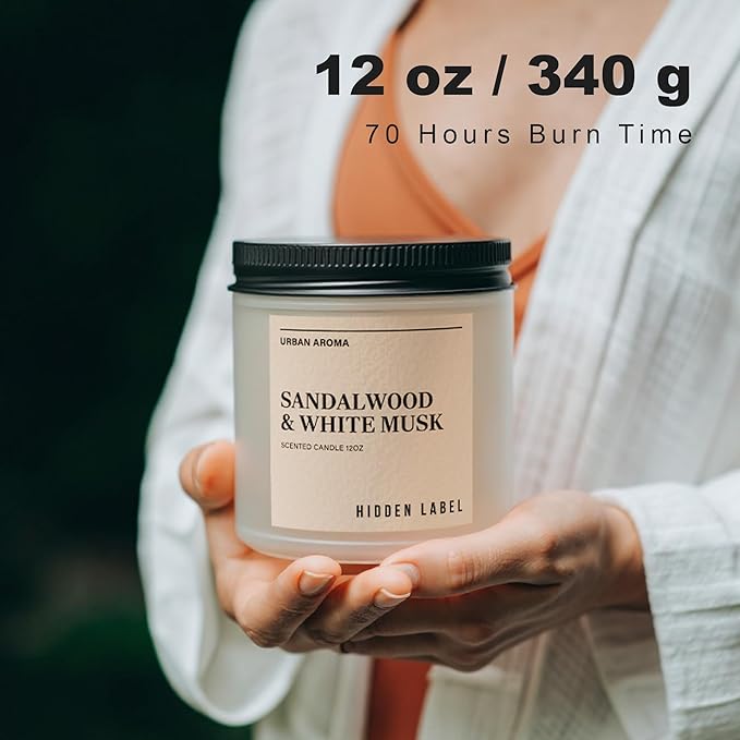 Hidden Label Sandalwood & White Musk Scented Candle - 12oz Natural Soy Non Toxic 70H Burn Time 2 Wick Aromatherapy Candle for Home Decor,Stress Relief & Relaxation - Bloomnest