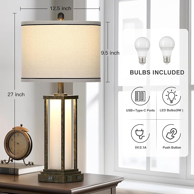 27" Tall Vintage Table Lamp Set of 2 with USB C+A & Outlet,Bronze Industrial End Table Lamp for Living Room,Farmhouse Rustic Bedside Lamps with Frosted Glass Night Light for Bedroom Nightstand,Bronze - Bloomnest