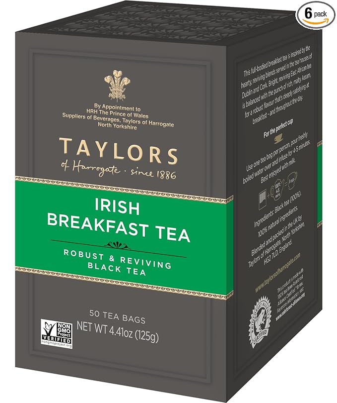 Taylors of Harrogate Irish Breakfast, Black Tea, Pillow Bags, 50 Count (Pack of 6), Rich, Bright & Malty, Caffeinated, Enjoy Hot or Iced, 300 Teabags Total - Bloomnest