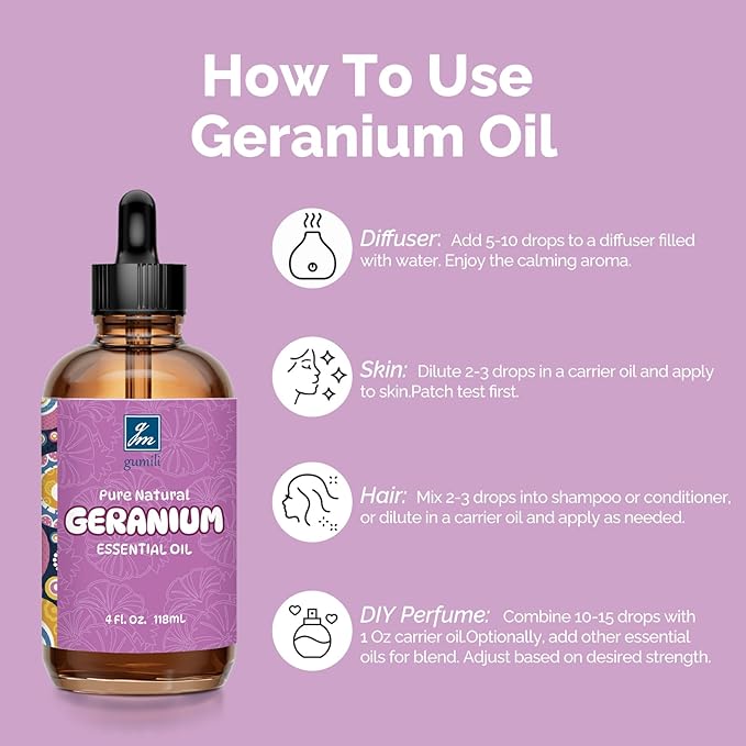 Geranium Essential Oil 4 Oz, 100% Pure Geranium Oil for Diffuser, Skin, Hair, Face, Soap & Candle Making, Aromatherapy & Massage - Bloomnest