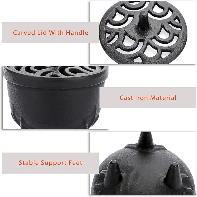 JUXYES Vintage Tripod Incense Burner Holder with Lid, Cast Iron Incense Holder Metal Cauldron Censer Antique Cone Coil Incense Burner Holder for Incense Resins, Cones, Charcoal or Wax Melts - Bloomnest