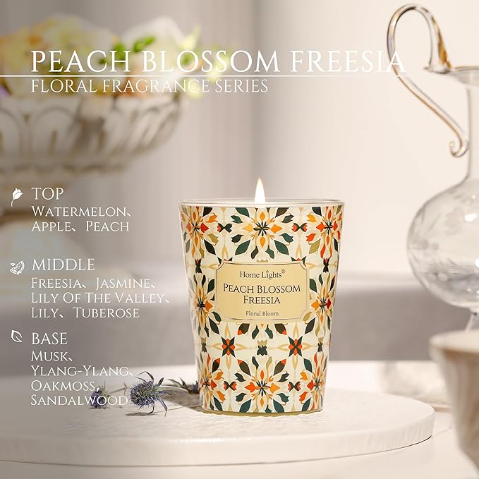 HomeLights Scented Candles for Women & Men, 6.7oz Candle Jars Aromatherapy Single Wick Candle, Ideal for Bohemian Natural Textures Home Decor and Gifts, Peach Blossom Freesia - Bloomnest