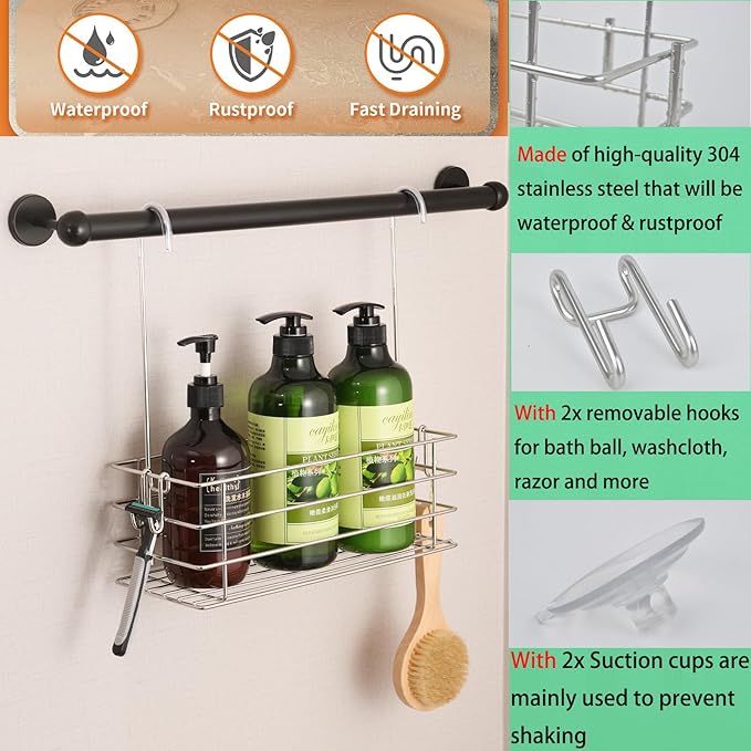 2pcs Single-Layer Hanging Shower Caddy, Rustproof Shelves Rack with Rotatable Hook bar, Large Capacity Bathroom Organizers and Storage, No Drilling Shampoo Bracket - Bloomnest