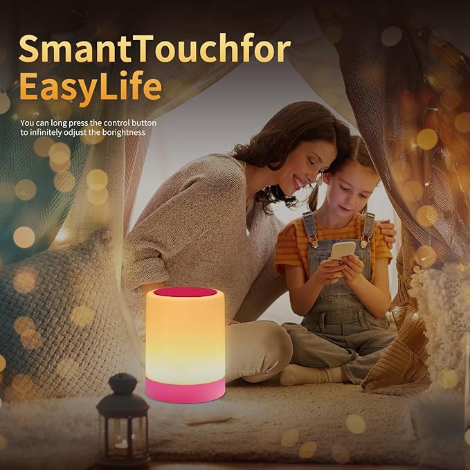 OORUN Touch Bedside Table Lamp,13 RGB Colors & 5 Brightness, USB Rechargeable Desk Lamp, Remote Control Dimmable Night Light with RGB Color Changing,Portable Lamp for Baby, Bedroom, Living Room (Pink) - Bloomnest