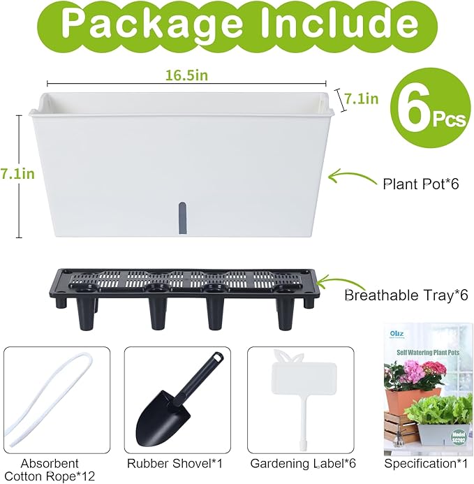 Window Box Planter 6 Pcs, 16.5 Inches Self Watering Rectangle Flower Plant Pots with Drainage Holes Trays, Vegetable Planters for Windowsill Patio Garden Balcony Porch Yard (White) - Bloomnest