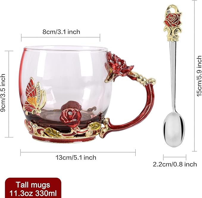 Flower Tea Cup Glass Coffee Mugs with Spoon, Valentines Day Gifts for Wife and Mother, Personalized Gifts for Gift Mother's day, Valentine's Day (11oz) - Bloomnest