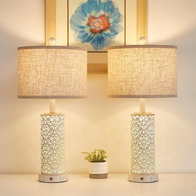 26" Farmhouse Table Lamp Dual Light, 3-Way Dimmable Touch Lamps, Rustic Nightstand Bedside Lamps with 2 USB Ports + AC Outlet, Modern Nightlight for Living Room Bedroom and Nightstand - Bloomnest