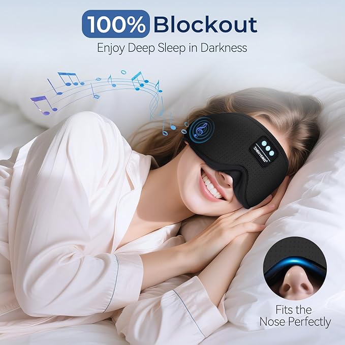 3D Sleep Mask with Bluetooth Headphones, Breathable Cotton Sleeping Headphones for Side Sleepers, Wireless Music Eye Mask with Timer, Gifts for Men Women, Black - Bloomnest