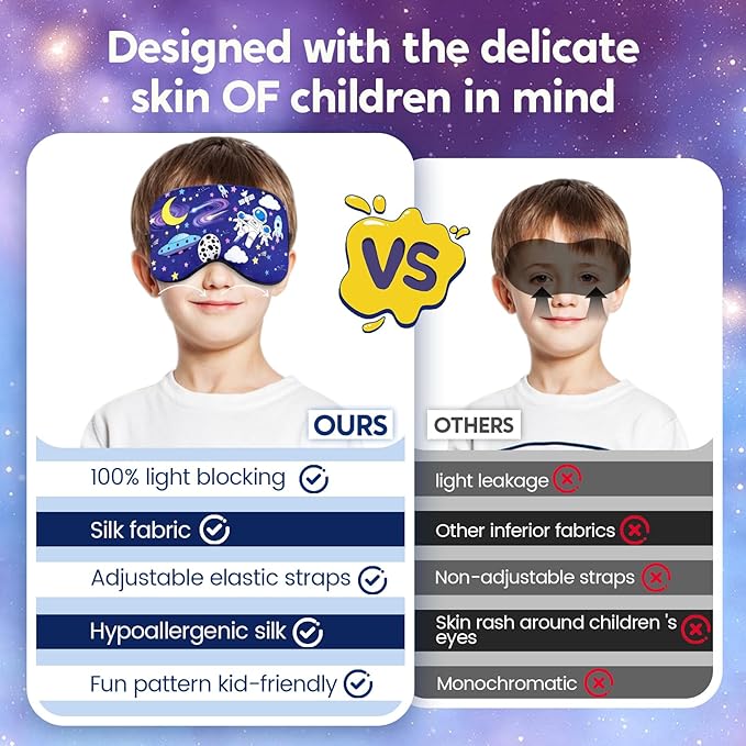 2 Pcs Sleep Mask for Kids Boys, Silk Eye Covers for Sleeping, Adjustable Strap & Light Blocking Design, Children's Bedtime Blindfold for Travel and Home Use (Astronaut) - Bloomnest