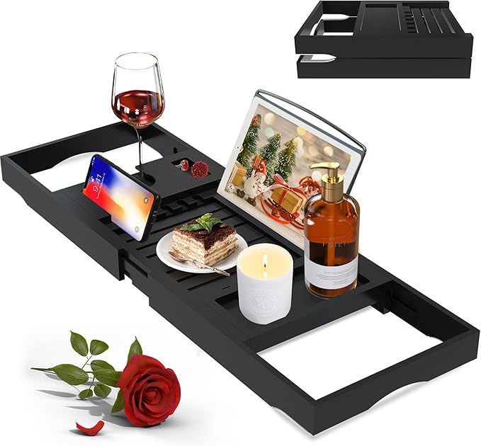 Luxury Bathtub Caddy Tray for Tub - Foldable Bamboo Bath Table Tray with Book and Wine Glass Holder, Expandable Bathroom Accessories for Spa or Reading Lite Style,Black - Bloomnest