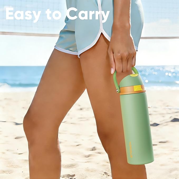 Insulated Water Bottle with Straw - Encool Stainless Steel Water Bottle with Push Button Lid, Leak-Proof & BPA-Free, Keeps Cold for 24 Hours for Sports, Travel, Gym (24 oz, Lichen-Yellow) ENCOOL
