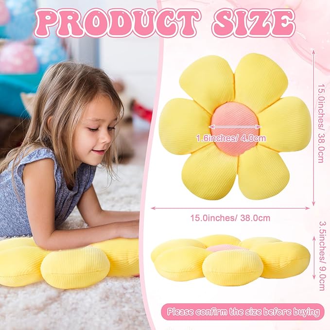 Reginary 4 Pcs Flower Floor Pillows Cute Plush Flower Throw Pillows Daisy Floor Seat Cushion Chair Pads for Back to School First Day of School for Sofa Couch Bed Decor(15 Inch,Light Color) - Bloomnest