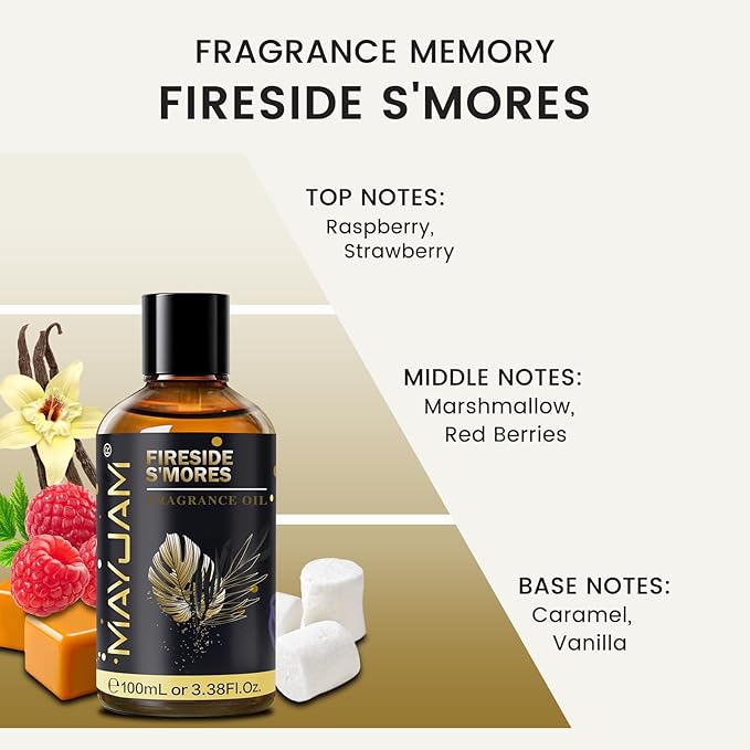 Fireside S'Mores Fragrance Oil Essential Oil, MAYJAM 3.38FL.OZ Fireside S'Mores Oil for Diffusers for Home, Long Lasting Scented Oils for Soap Candle Making - 100ML MAYJAM