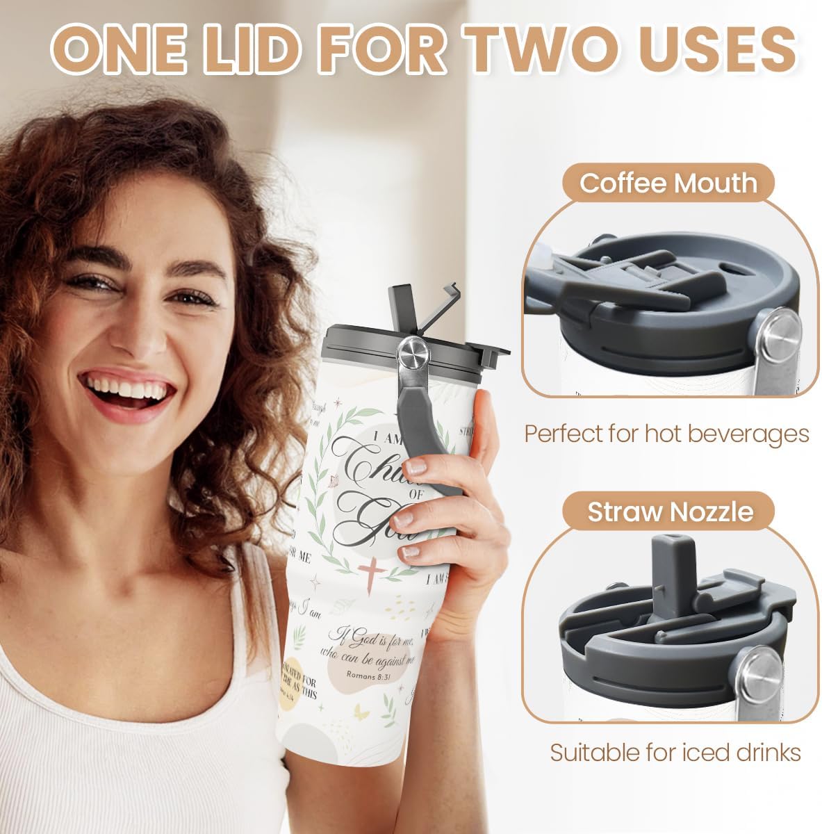 SANDJEST Christian Tumbler with Handle 30oz, Religious Gifts for Women, Inspirational Gifts for Her for Birthday Christmas Mothers Day, Stainless Steel Flip Straw Insulated Tumblers Coffee Travel Cup