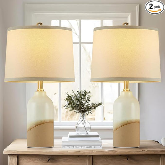 Luvkczc Ceramic Table Lamps Set of 2, 3-Color Temperature Adjustable Bedside Lamps with Line Lampshade, Nightstand Lamps for Bedroom, Living Room, Entryway Home Decor, Modern Table Lamps - Bloomnest
