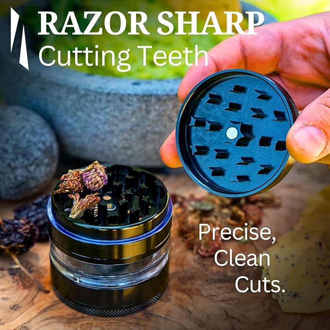 Clear Cut 4 Piece Herb Grinder – 2.75" Manual Dry Herb Grinder, Spice Mill with Transparent Storage Chamber & Diamond-Sharp Teeth, Aluminum Alloy, Portable, Easy-Clean Design - Bloomnest