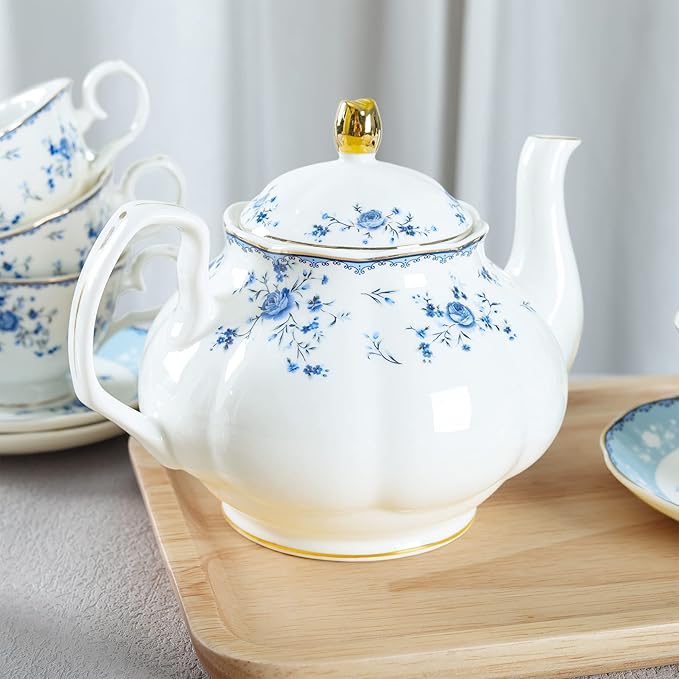 fanquare 15 Piece Blue Rose Porcelain Tea Set, British Floral Teapot with Tea Cups, Women Tea Party Set for 6 - Bloomnest