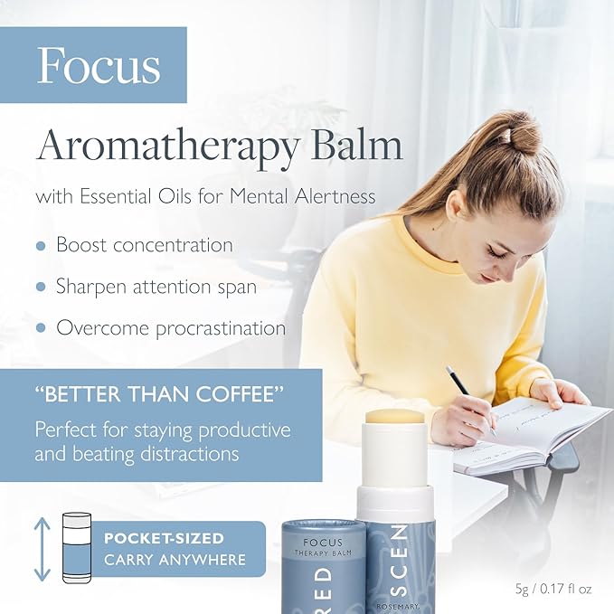 Scentered Aromatherapy Balm Stick for Focus & Concentration - Roll On Essential Oils Blend - 100% Natural: Rosemary, Mint, Clary Sage in Shea Butter - Aromatherapy Gifts for Women - Bloomnest