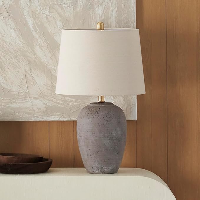 Nourison Home 23" Greyish Brown Earth Tone Rustic Farmhouse Ceramic Table Lamp for Bedroom, Living Room, Dining, Office, with Beige Linen Shade - Bloomnest