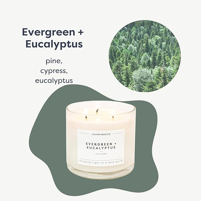 Calyan Wax Co. Evergreen & Eucalyptus 3 Wick Scented Candle - 43 Hour Burn - Luxury 3 Wick Soy Candles - Non Toxic Soy Wax Candles - Long Lasting Large Glass Jar Candle for Home - 14.9oz - Bloomnest