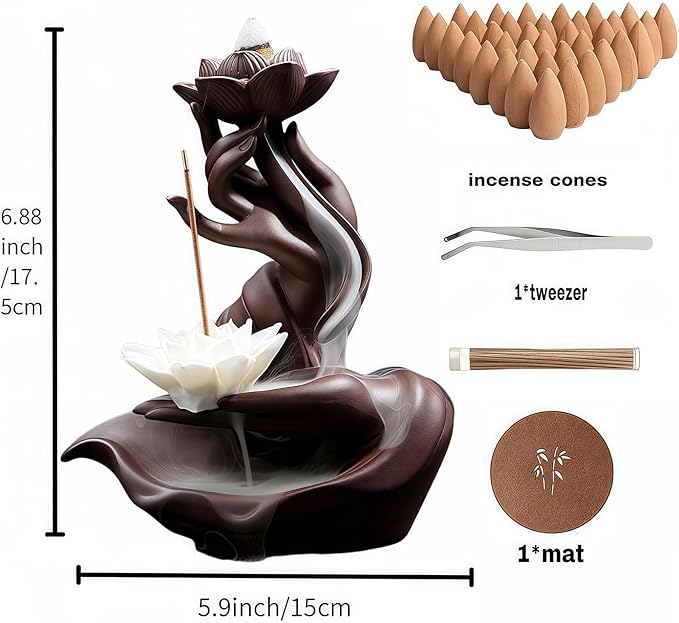 Lotus Backflow Incense Burner– Ceramic Cones Incense Holder with 60 Incense Cones + 30 Sticks + 1 Mat+1 Tweezers | Waterfall Incense Burner & Waterfall Fountain | (Black) - Bloomnest